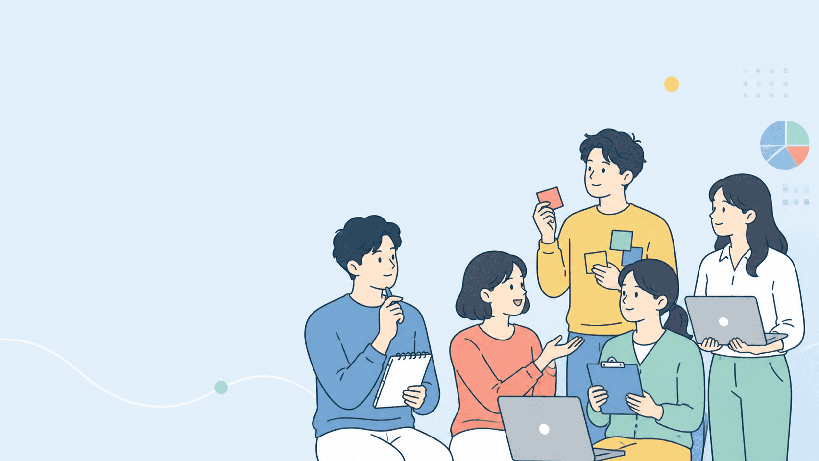 異なる得意や進め方を持つ5人のメンバーが、仕事について話し合うイラスト