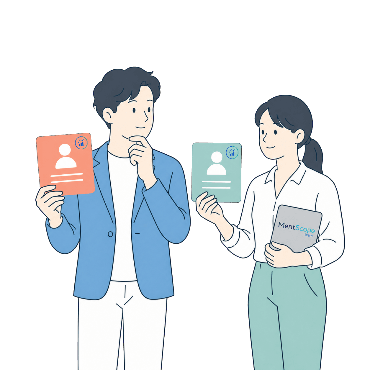 MentScope teamの資料を使い、配置候補を検討する二人