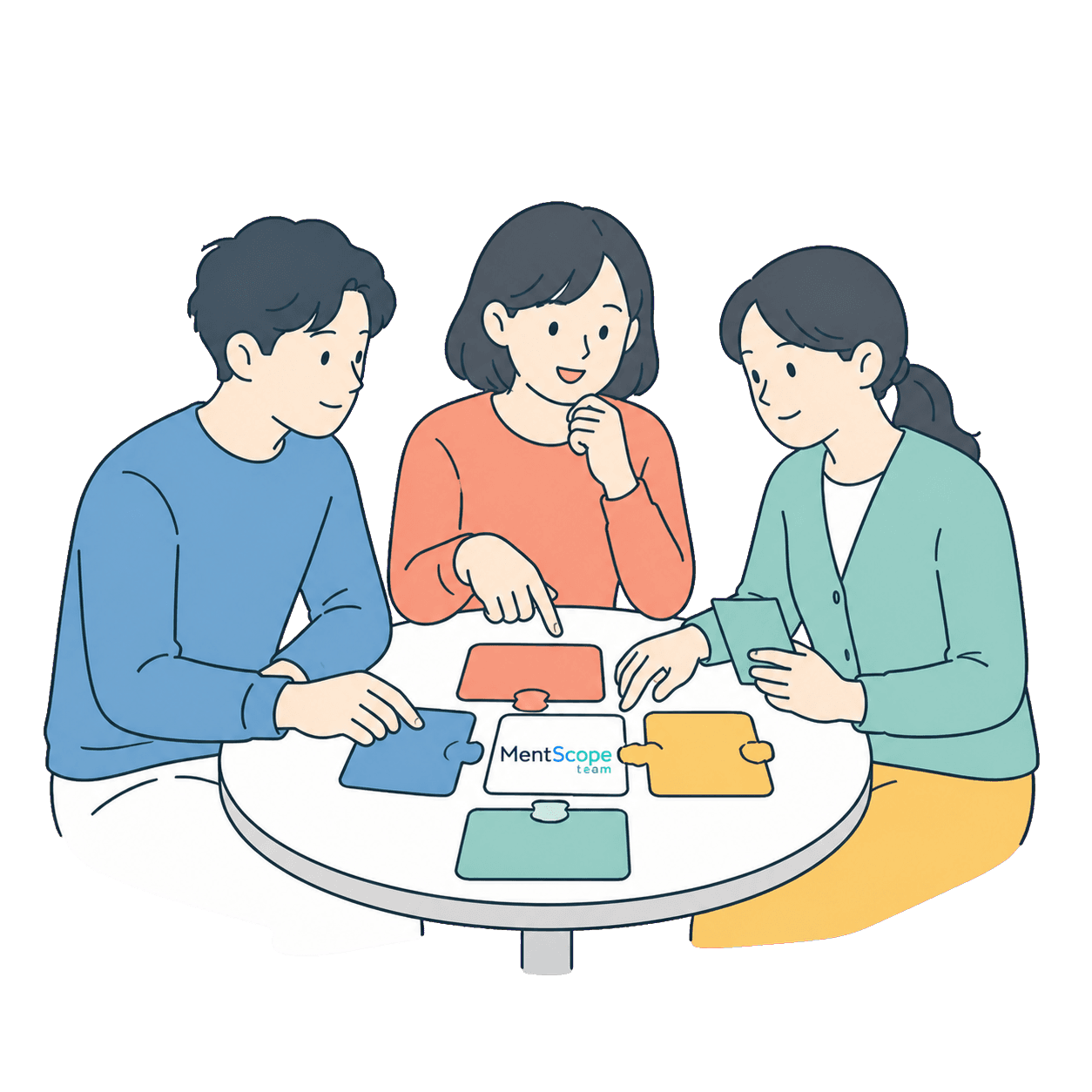 MentScope teamの役割カードを囲んでチーム編成を考える三人